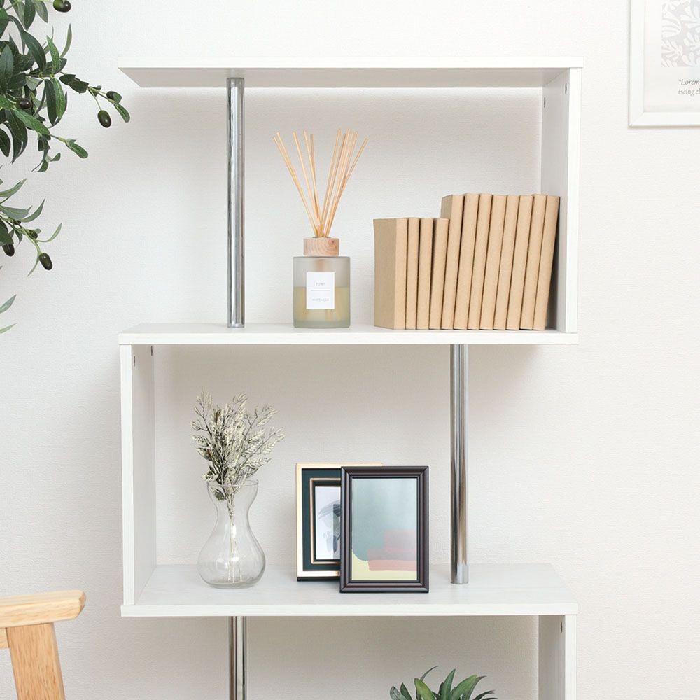 不二貿易 Ｓ字型ディスプレイラック３段　オーク　ＷＨ【メーカー直送・代引不可】, ホワイト, 幅600mm&times;奥行290mm&times;高さ1086mm