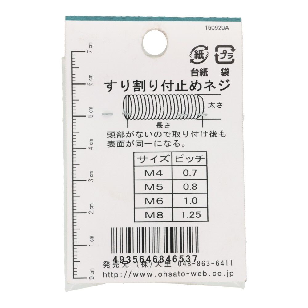 ＯＨＳＡＴＯ　鉄キジ　スリワリ付　トメネジ　平サキ　Ｍ８&times;１５, シルバー, M8&times;15mm