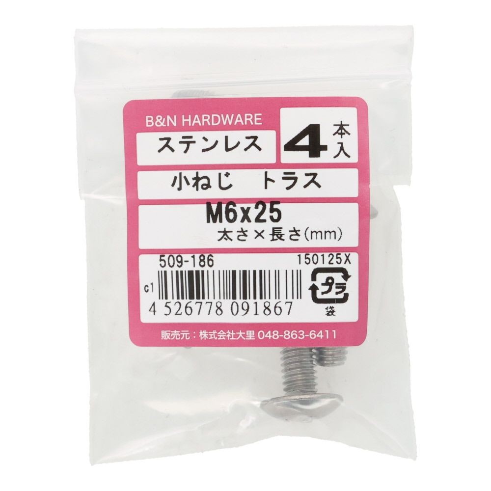 ＯＨＳＡＴＯ　ステン　コネジ　トラス　Ｍ６&times;２５, ステンレス, 4本入り