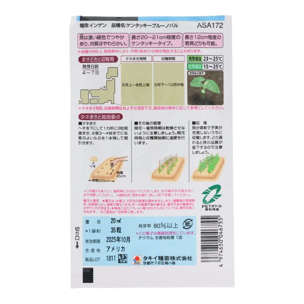 タキイ　やわらかおいしいケンタッキーインゲンＳワンダー, インゲン, 20ml