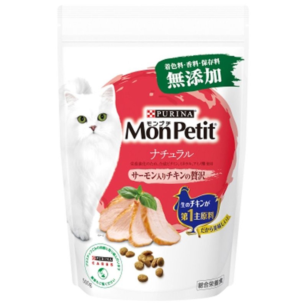 ネスレ　モンプチ ドライ バッグ ナチュラル サーモン入りチキンの贅沢 500g, サーモン入りチキン, 500g