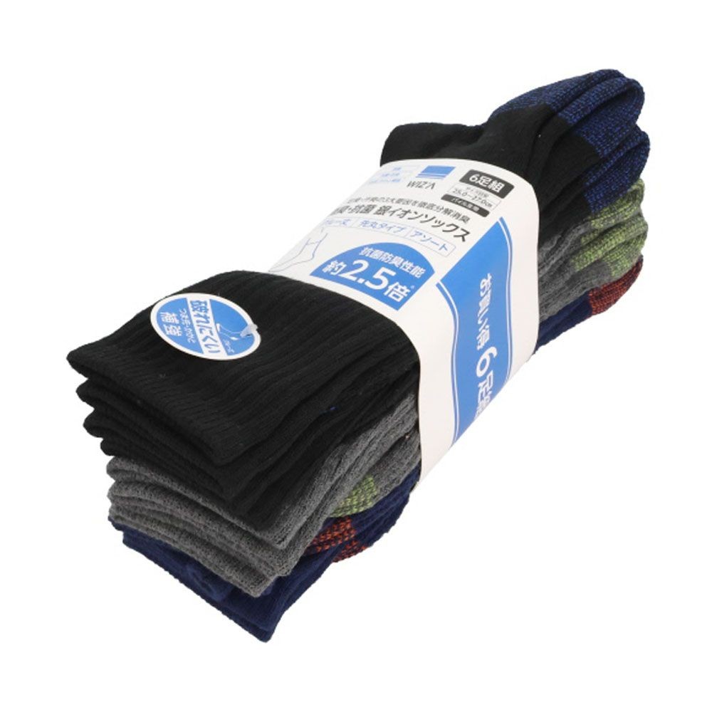 WIZ'A ウィザ 消臭・抗菌　銀イオン６P パイル先丸クルー丈　アソート, 杢柄・アソート, 25.0〜27.0cm