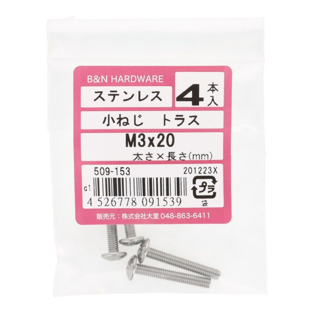 ＯＨＳＡＴＯ　ステン　コネジ　トラス　Ｍ３&times;２０, ステンレス, 4本入り