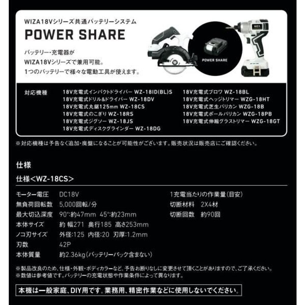 ウイザ WIZ'A 18V 充電式丸鋸125mm WZ-18CS 本体のみ, ブラック＋ホワイト, WZ-18CS