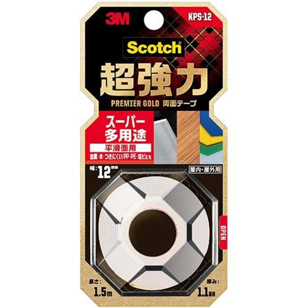 3M（スリーエム） 超強力両面テープスーパー多用途 KPS-12 12mm×1.5m, 白, 幅12mm×長さ1.5m
