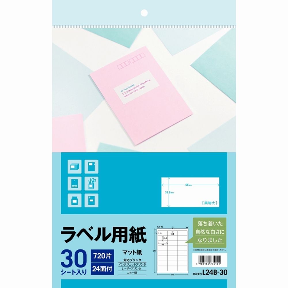 【5個セット】エーワン ラベル用紙 マット紙 24面 30シート 角丸 A4サイズ L24B30 3M 【メーカー直送・代引不可】, マット紙, L24B30              