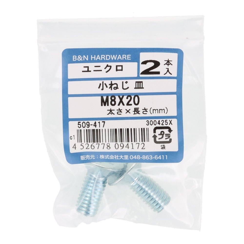 小ねじ　皿　ユニクロ　Ｍ８&times;２０ｍｍ　２本入, シルバー, M8&times;20mm