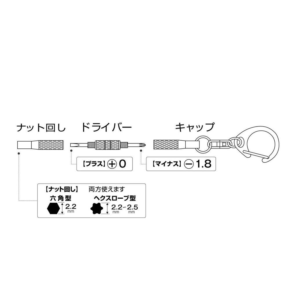 アネックスツール（ANEX） メガネ用　精密ドライバー　キーホルダー付　ー１．８　＋０　ナット回し　２．２〜２．５ｍｍ 80-N, 80-N, D95×W19×H6mm