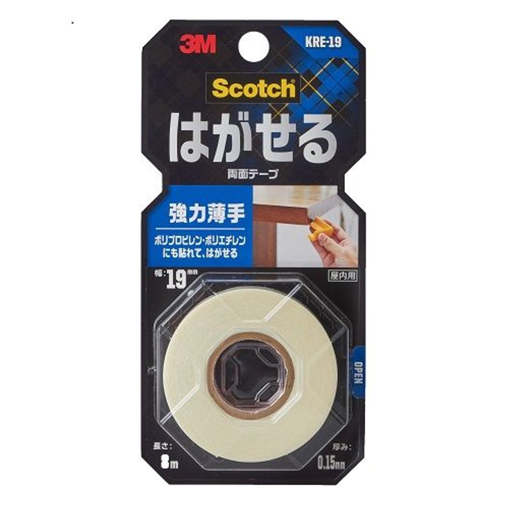 3M スコッチ はがせる両面テープ 強力薄手 19mm&times;8m KRE-19, 白, 薄手 幅19mm&times;長さ8m