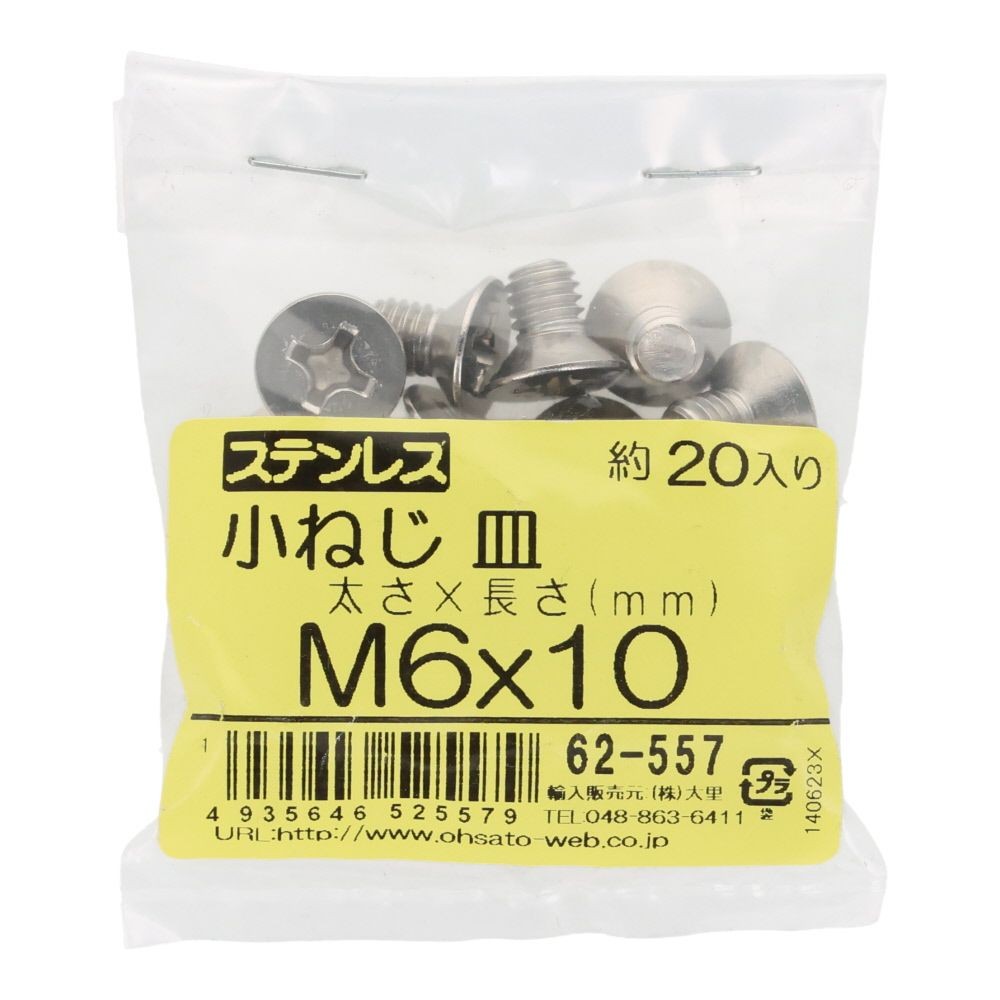 ＯＨＳＡＴＯ　ステンレス　小ねじ　皿　Ｍ６&times;１０　２０入, ステンレス, 20個入り