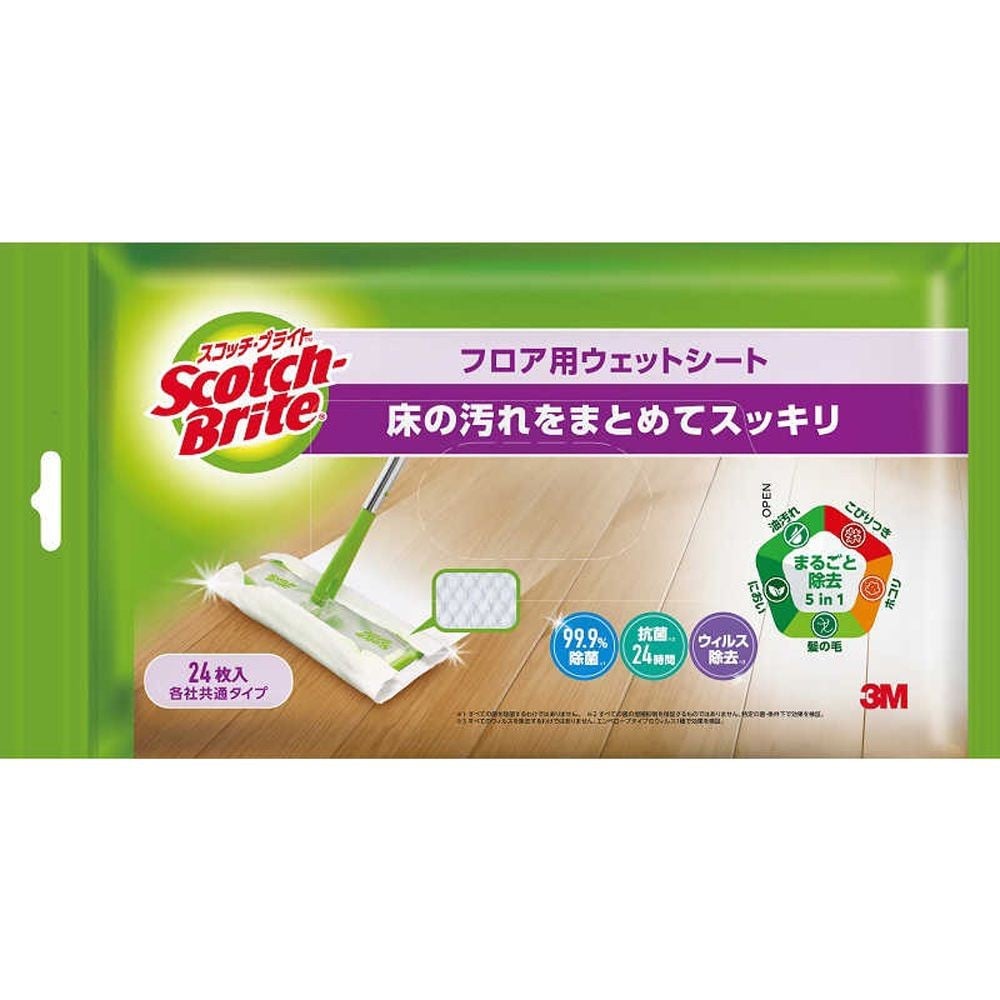 3M スコッチブライト フロア用ウェットシート 24枚入, ホワイト, 幅285mm&times;奥行220mm