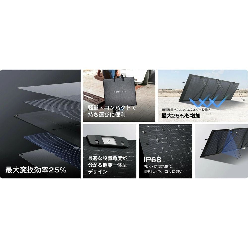 エコフロー EcoFlow 220W 両面ソーラーパネル Gen2 EFSOLAR220W-N, ブラック, 幅820mm&times;奥行1835mm&times;高さ25mm