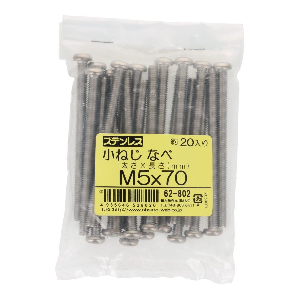 小ねじ　なべ　ステンレス　Ｍ５&times;７０　２０入, ステンレス, 20個入り