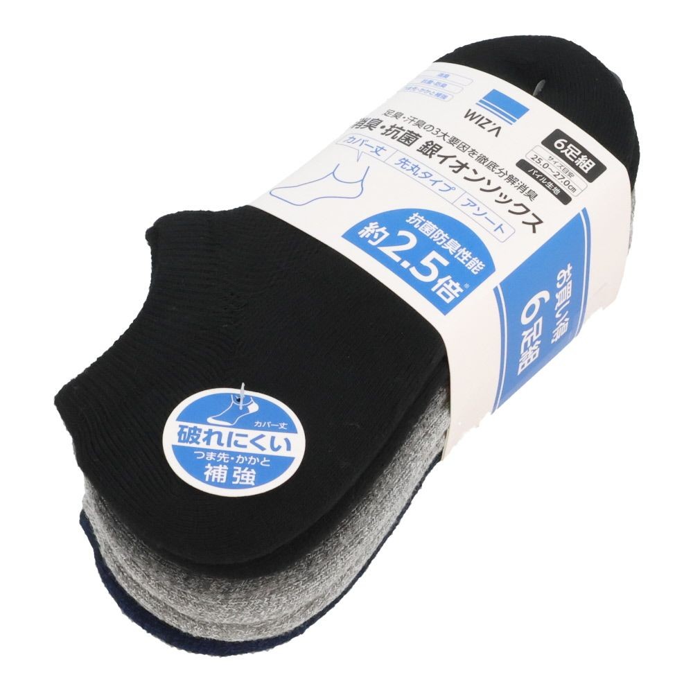 WIZ'A ウィザ 消臭・抗菌　銀イオン６P パイル先丸カバー丈　アソート, 杢柄・アソート, 25.0〜27.0cm